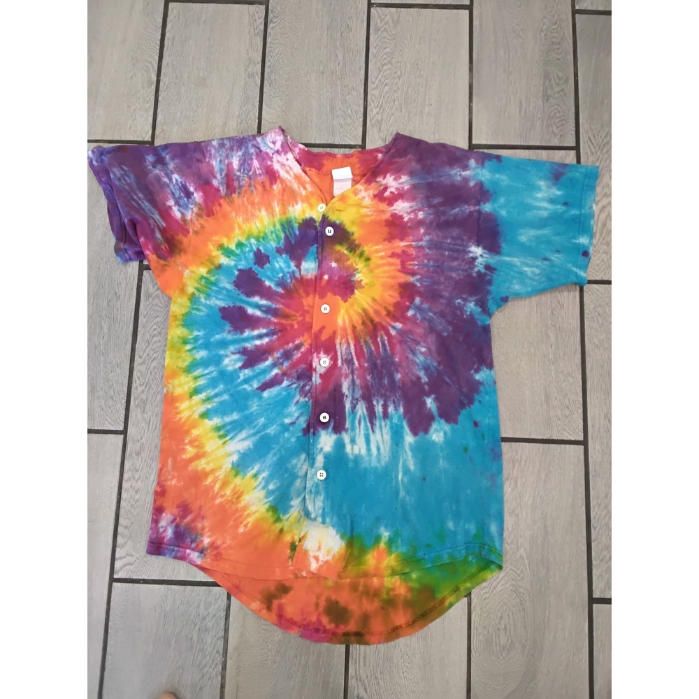 Augusta Sportswear Mens Large Tie Dye Baseball Jersey Rainbow Spiral Button Up